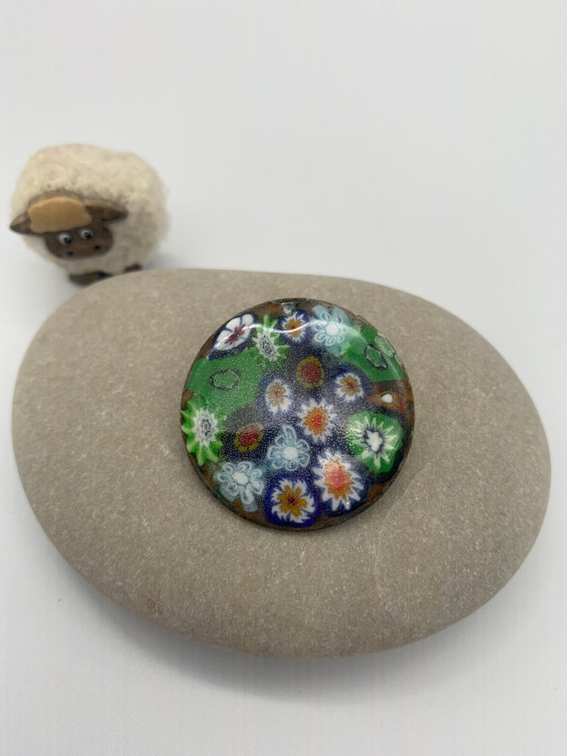 Broche Mosaïque Vénitienne - Motif Mandoline Et Millefiori Sur Métal Doré