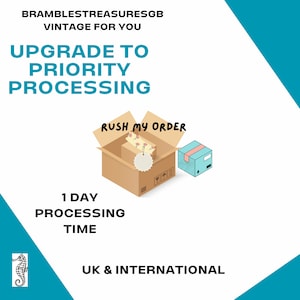 May include: Upgrade to priority processing for your order. A brown cardboard box with a blue box inside. The box is open and the text "Rush My Order" is on the top of the box. The text "1 Day Processing Time" is below the box. The text "UK & International" is at the bottom of the image.