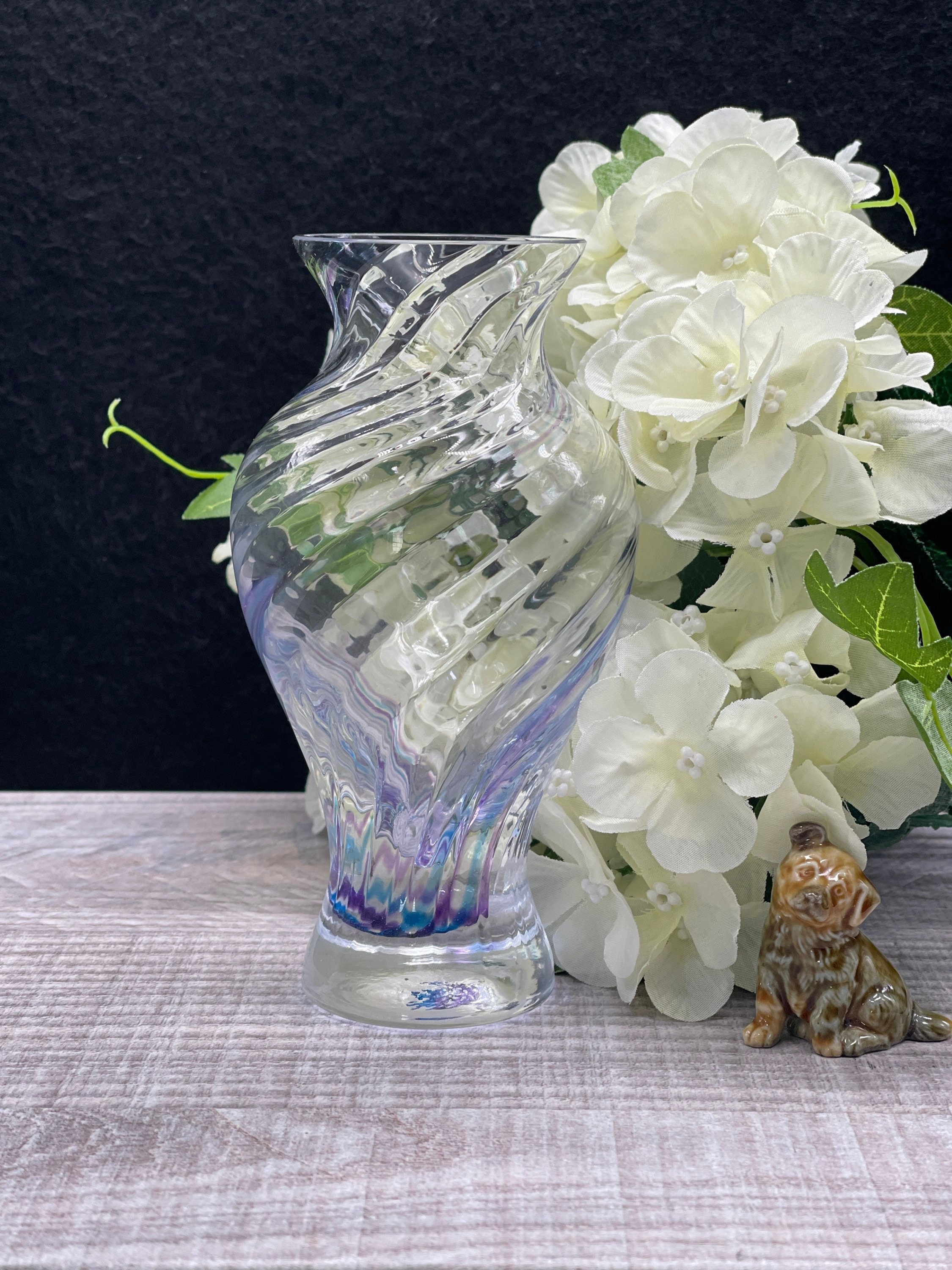 Caithness Crystal Glass 'Flamenco' posy vase. 1980s 1990s. Blue and Mauve swirls ribbed vase. Kings Lynn Crystal. vintage glass