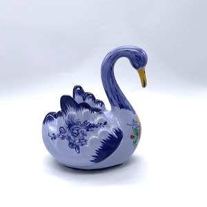 Vestal Madeir Portugal Hand Painted Bleu Swan Planter-Ornament Swan-Vintage Portuguese