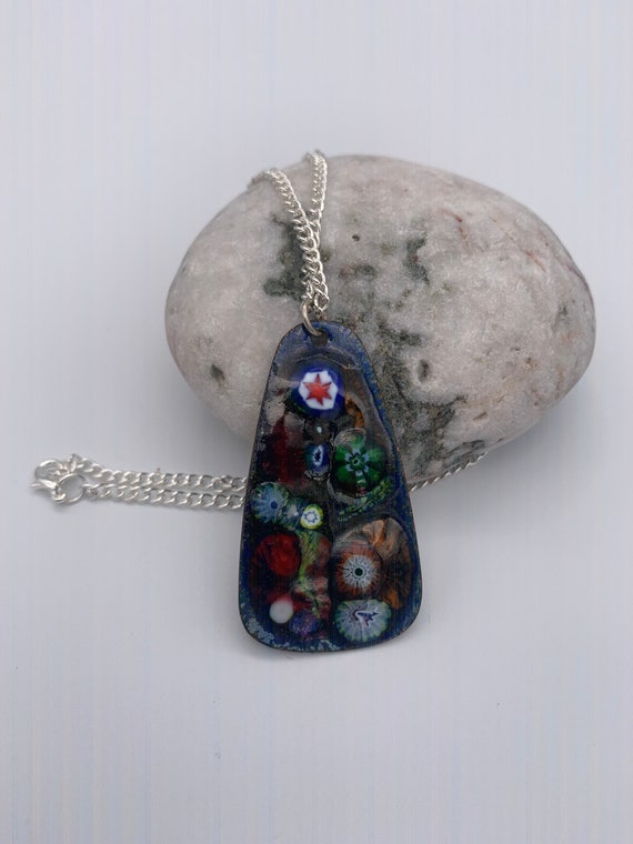 Vintage Pendant Millefiori Enamel on Metal Pendan… - image 1