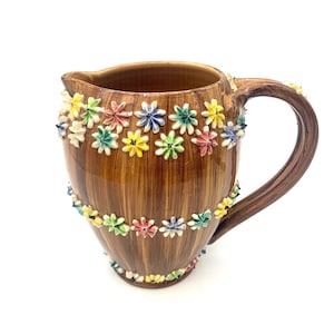 Vintage 1950s Iced Gems Italian Studio Art Pottery-Ceramic Clay Pitcher With Raised Applied Flowers Italy-Folk Art Pottery Jug