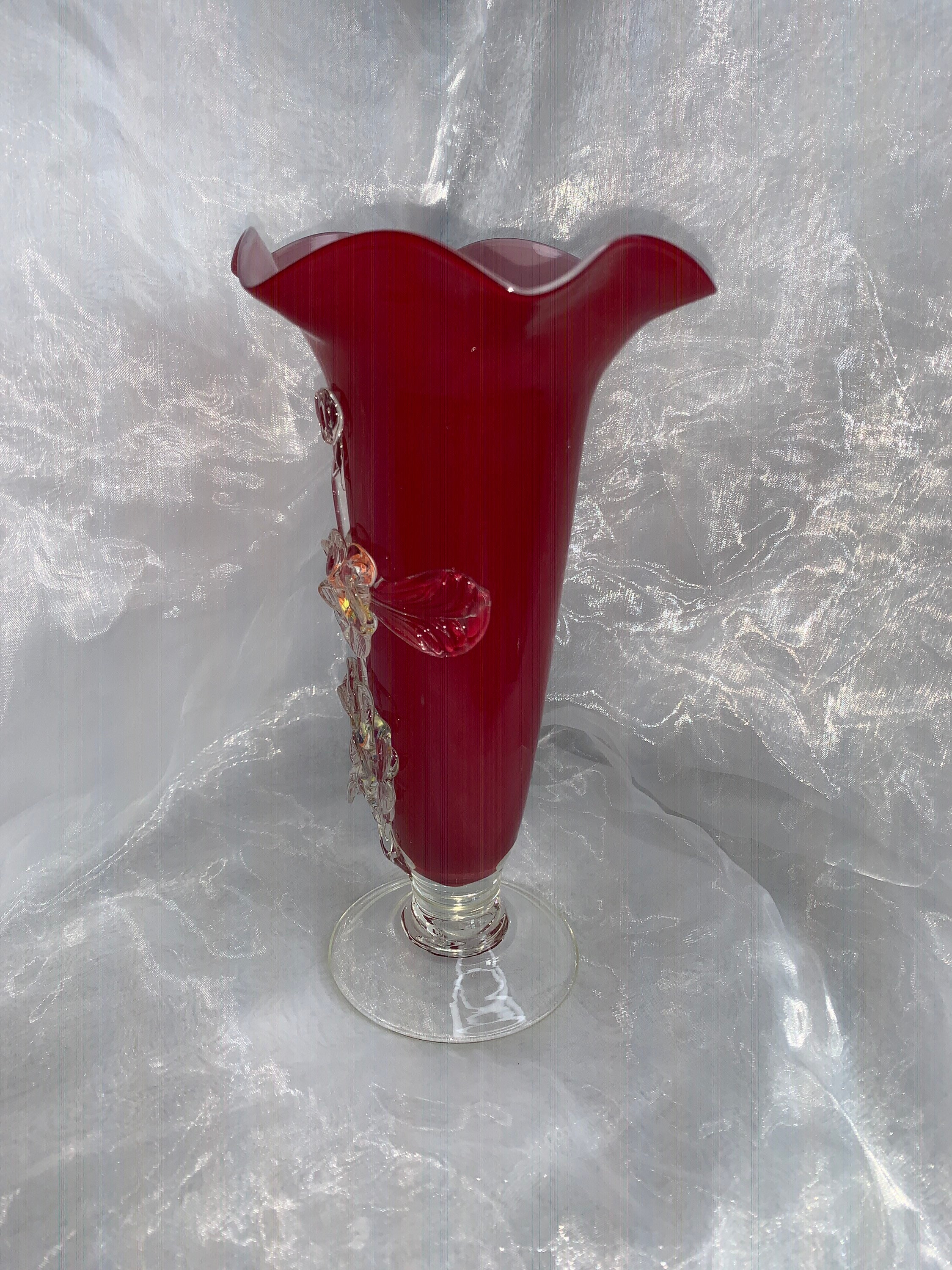 Vintage Glass Murano Red Vase with Flowers Scalloped Edging Etsy