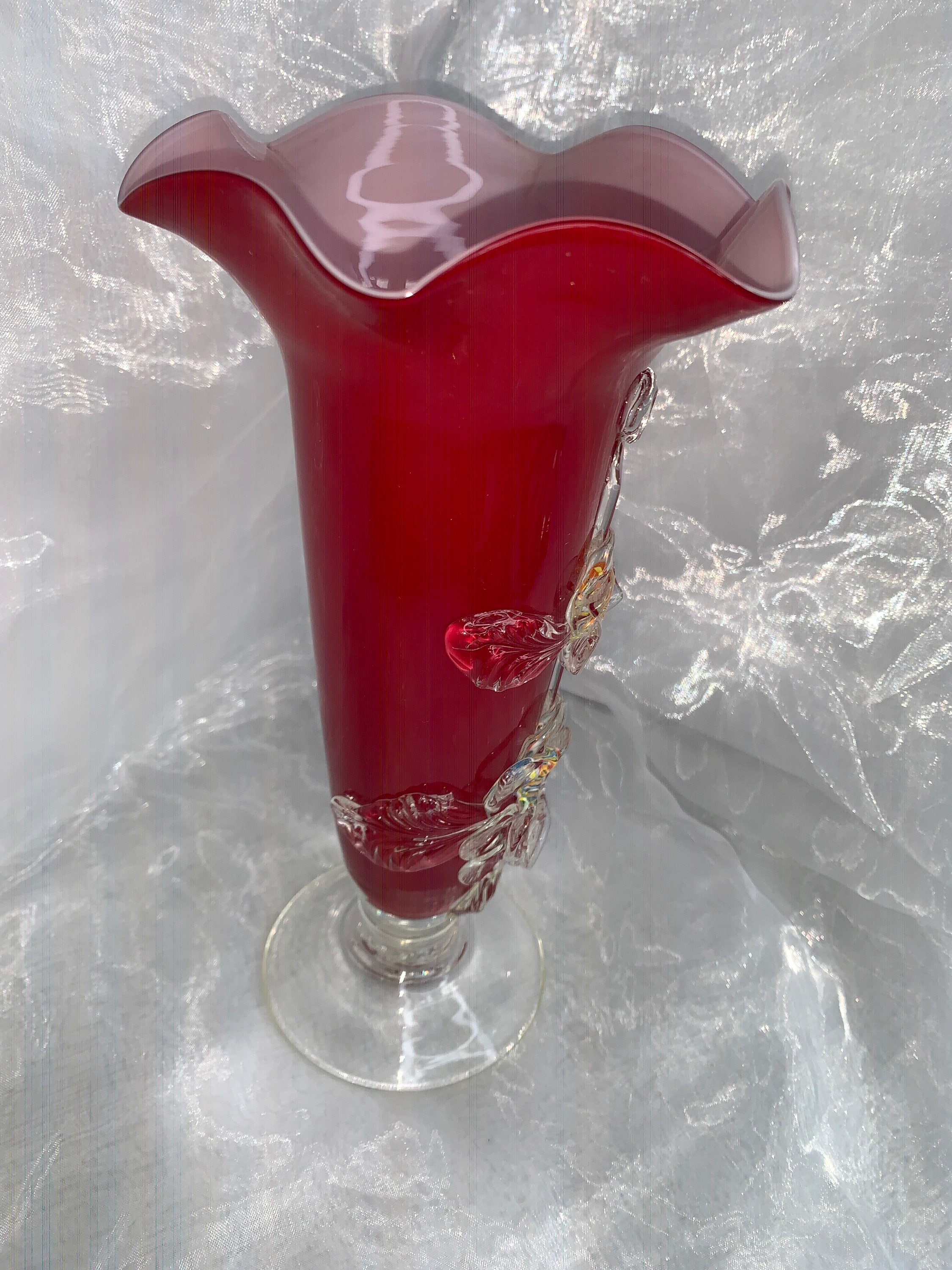 Vintage Glass Murano Red Vase with Flowers Scalloped Edging Etsy