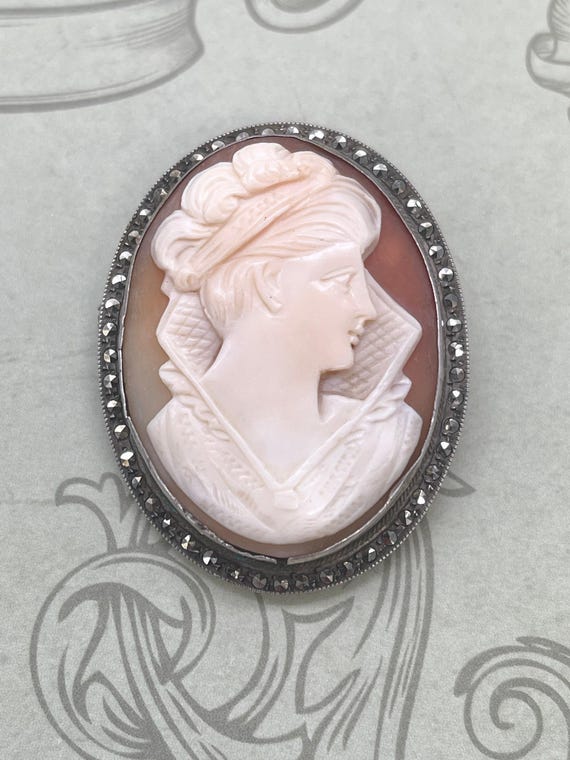 Broche Et Pendentif Vintage En Argent 800 Avec Marcassites Et Camée Coquillage - Bon état, Sans Marque