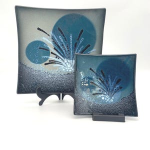 Vintage Alan Clarke Studio Pottery Plaques Set Hand Painted Square Footed Dish Wall Plates Blue Abstract Staffordshire England