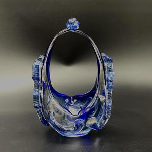 Vintage Romanian Murano Style Art Glass Basket – Blue & Clear 1970s