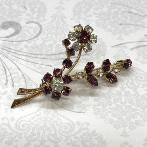 Vintage Floral Brooch Clear Diamante Rhinestone Amethyst Pin Unsigned