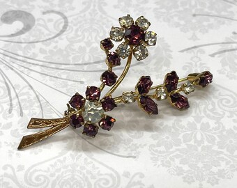 Broche floral vintage con diamantes de imitación transparentes y amatista, sin firmar