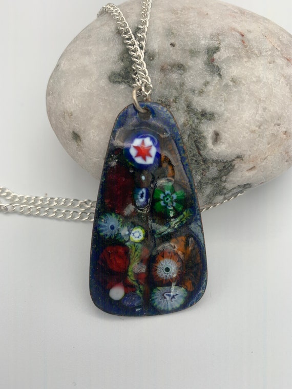 Vintage Pendant Millefiori Enamel on Metal Pendan… - image 2