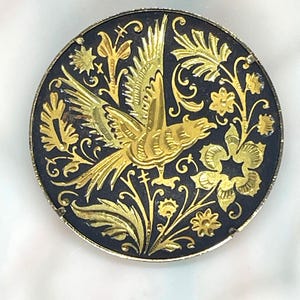 Vintage Spanish Style Damascene Bird & Flower Brooch, Gift for Her, Brooches