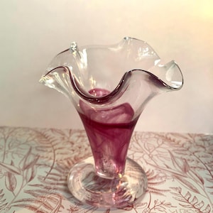 Vintage Glass Elegant Ribbon Rim Art Glass Pink & Clear Glass Vase, Posey Vase-Adrian Sankey, Hand Blown Pink Glass Vase