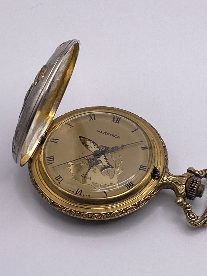 Majestron Fishing Golden Pocket Watch, Battery Pocket Watch, Vintage