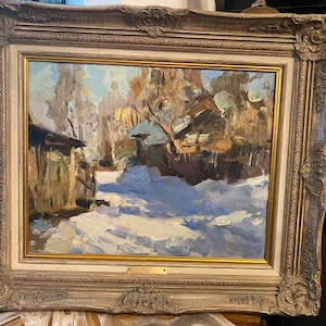 Russian impressionistic painting by A. Zimin - Blue Snow, dated 1980, oil on canvas, Russian art collection