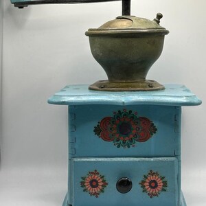 Antique wooden hand painted coffee grinder mill, Turquoise coffee grinder mill, farmhouse pattern grinder