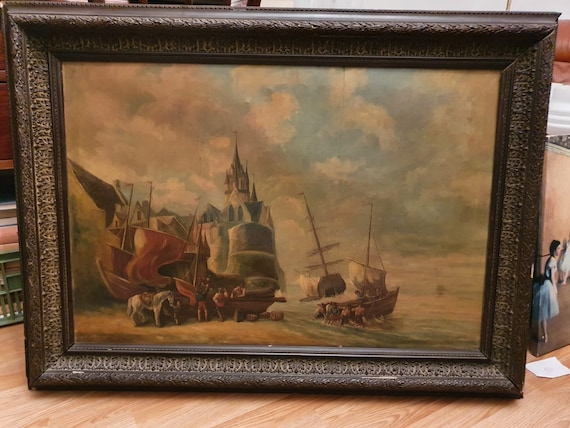 Tableau Ancien Huile Sur Toile - Paysage Marin Avec Bateaux, école Française XIXe