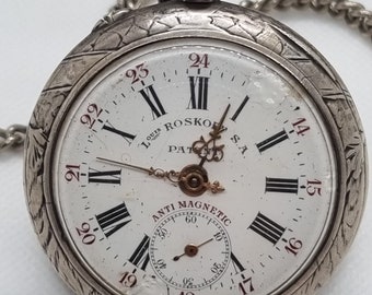Antique Louis Roskopf Pocket Watch, Silver Engraved Case,  Anti-Magnetic, Swiss Patent Watch