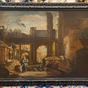 19th Century, XL oil on canvas Painting, Old Master Painting, Italian Art Collection, Italian Ruins, Rome, Museum Quality, Masterpiece.