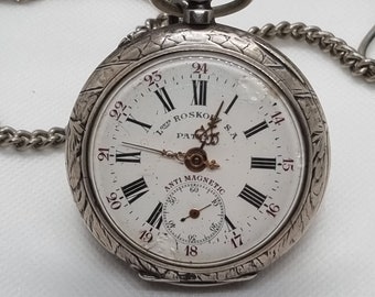 Antike Roskopf Patent 0,800 Silber Taschenuhr mit Kette, Antimagnetische Taschenuhr, Arbeitsuhr, Herrentaschenuhr, personalisiertes Geschenk