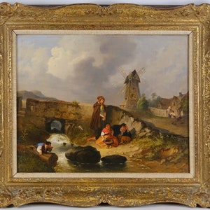 Original Niederländische 19 Jahrhundert Öl auf Leinwand Gemälde, Kinder am Fluss, signiert, Antikes Gemälde