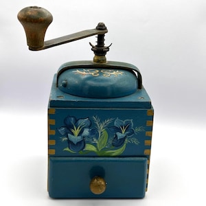Antique wooden hand painted coffee grinder mill, Blue coffee grinder mill, farmhouse pattern grinder