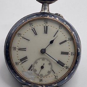 Antique Tula/ Niello Silver pocket watch, porcelain dial with jewels, Ancre AntiMagnetic, 15 Rubis, Spiral Breguet, Swiss Movement
