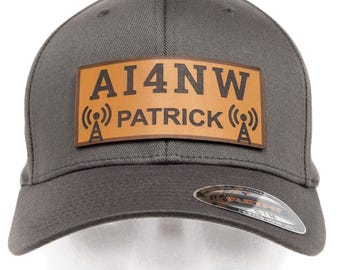 Ham Radio Call Sign Leather Patch Flexfit Hat – Personalized Amateur Radio Operator Cap – Custom Ham Gift