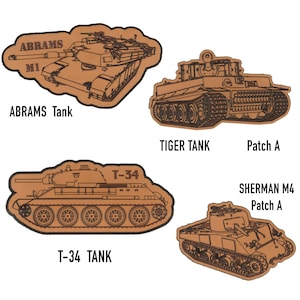 May include: Four brown leather patches featuring tank designs. The patches include the Abrams M1, Tiger Tank, T-34 Tank, and Sherman M4. Each patch has the tank's name printed below the image.