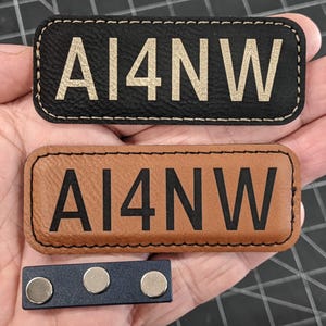 Ham Radio callsign Magnetic Leatherette Badge in choice of colors. Will do other custom text and name badges. Great Amateur radio gift idea.
