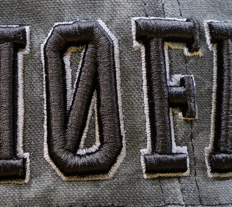 Detail image, Ham radio Call sign hat for the amateur radio or GMRS operator. Black Kryptek pattern custom text hat.