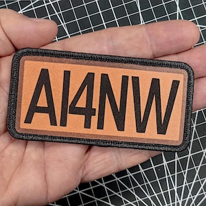 Amateur Radio Callsign leather and fabric patch with hook back. Great Ham radio gift. 4x2&quot; patch to put on hook and loop bags. Custom Text