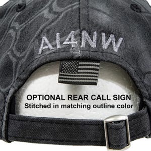 Ham radio call sign stitched on back of hat, offered as an option.