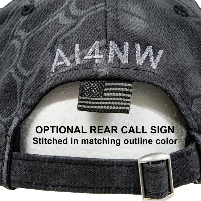 Ham radio call sign stitched on back of hat, offered as an option.