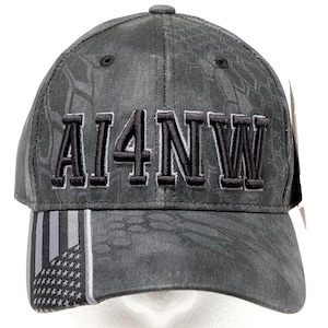 Amateur radio callsign cap front view. KRYPTEK pattern cap stitched in 3-D Custom embroider ham radio hat
