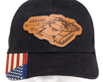 M1 Abrams Tank Leather Patch Hat – Military Armor Cap with American Flag Visor – Army Tank Hat for Tankers & RC Tank Fans