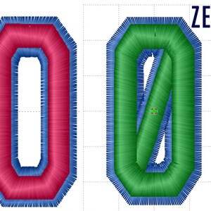 May include: Embroidered patches of the number "0" and the word "ZERO". The number "0" is in red with a blue outline, and the word "ZERO" is in green with a blue outline. The patches are on a white background.