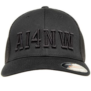 May include: Black baseball cap with the embroidered text "AI4NW" on the front. The cap has a curved brim and a mesh back for breathability. A small, branded tag is visible on the brim.