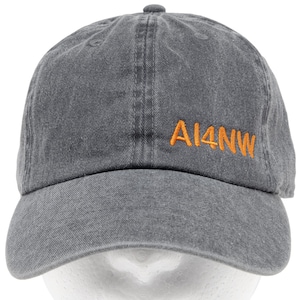 May include: A gray baseball cap with the embroidered text "AI4NW" in orange. The cap has a curved brim and a fabric strap closure on the back. The hat is made of a soft, textured material.