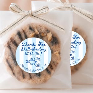Personalized Thanks For Shell-ebrating With Us Lobster Blue Cabana Stripe Baby Shower Favor Stickers