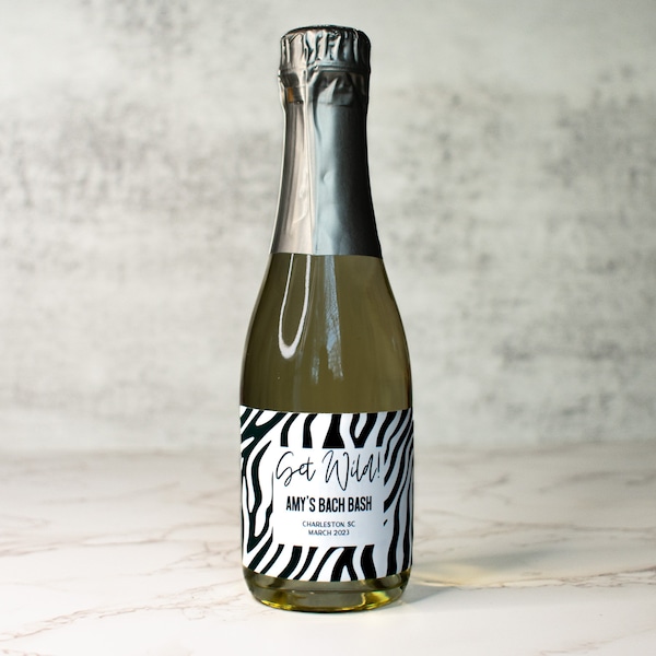 Waterproof Custom Mini Champagne Bottle Labels for Bachelorette Party | Wedding Party Favors | Get Wild Zebra Animal Print | Black 3x2