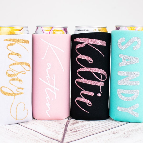 Personalized Glitter Skinny Can Cooler | Custom Slim Hugger for Bachelorette or Birthday Party | Seltzer Sleeve Favor Bridesmaid Proposal