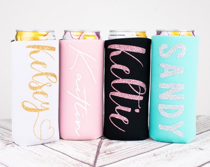 Personalized Glitter Skinny Can Cooler | Custom Slim Hugger for Bachelorette Party Favor