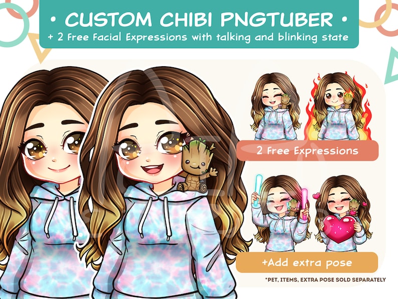 May include: A digital illustration of a chibi character with long brown hair wearing a tie-dye hoodie, featuring a small tree creature on the shoulder. Text includes CUSTOM CHIBI PNGTUBER, 2 Free Facial Expressions, and +Add extra pose.