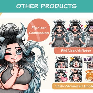 May include: Digital illustration of a character with long black and white hair, horns, and a gray sweater with a heart cutout. The image displays options for Pfp/Icon Commission, PNGTuber/GifTuber, and Static/Animated Emotes with various expressions.