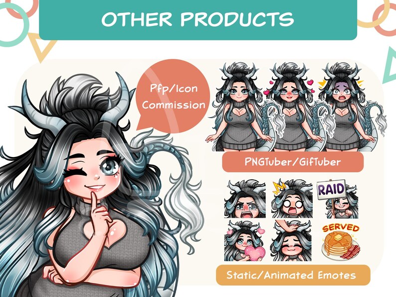 May include: Digital illustration of a character with long black and white hair, horns, and a gray sweater with a heart cutout. The image displays options for Pfp/Icon Commission, PNGTuber/GifTuber, and Static/Animated Emotes with various expressions.