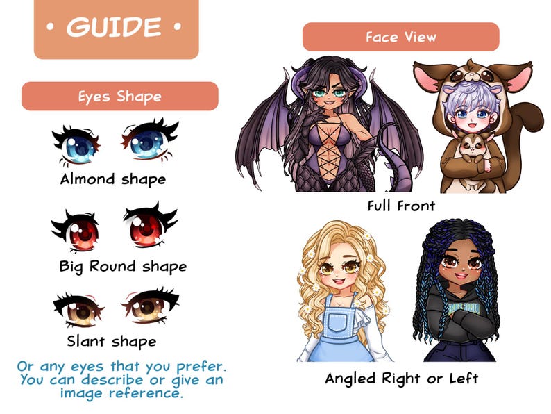 May include: A digital art guide featuring eye shape examples labeled Almond, Big Round, and Slant, alongside character illustrations including a winged figure, a person in a brown animal onesie, and two figures with distinct hairstyles.