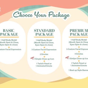 May include: A digital service menu titled Choose Your Package with three columns: Basic, Standard, and Premium. Each lists features like half-body models, facial expressions, emotes, icons, Twitch panels, and banners on a pastel background.