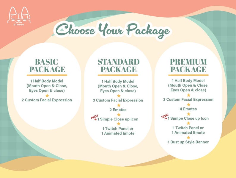 May include: A digital service menu titled Choose Your Package with three columns: Basic, Standard, and Premium. Each lists features like half-body models, facial expressions, emotes, icons, Twitch panels, and banners on a pastel background.