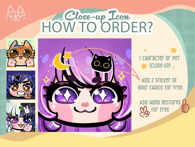 May include: A digital illustration guide titled Close-up Icon HOW TO ORDER featuring examples of stylized character portraits with large eyes, a central purple-haired character, and text explaining options for stickers and hand gestures.