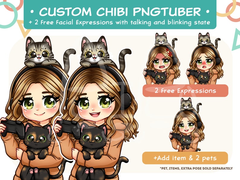May include: Digital illustration of a custom chibi PNGtuber character with wavy brown hair, green eyes, and black headphones, holding a small black cat while a tabby cat sits on their head. Includes text: CUSTOM CHIBI PNGTUBER and 2 Free Expressions.